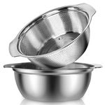 POJORY 18/8 Stainless Steel Colander with Handle 3.8Quart 2pack Large Capacity with Mixing Bowl for washing vegetables, fruit and rice and for draining cooked pasta.