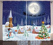 Christmas Decorations Curtains by Ambesonne, Winter Landscape Snowman Xmas Tree Santa Sleigh Church Moon Gifts Snow Stars, Living Room Bedroom Decor, 2 Panel Set, 108W X 84L Inches, Blue White