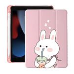 Cute Kawaii Bunny for iPad Pro 12.9 Inch Case 5th/6th Generation 2022/2021/2020 with Pencil Holder, Auto Sleep/Wake, Pink Leather Soft TPU Back Cover