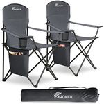 SUNMER Set of 2 Folding Camping Chairs, Extra Wide Lightweight Outdoor Chairs with Armrests and Cup Holder, 120 kg Capacity - Dark Grey