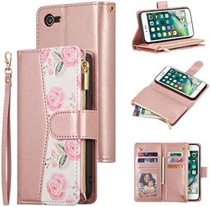 UEEBAI Wallet Case for iPhone 7/iPhone 8/iPhone SE, PU Leather Case Magnetic Closure Handbag Zipper Pocket Case Kickstand Card Slots with Hand Strap Rose Flip Case for Women - Flower Rose Gold