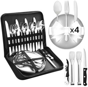 Cynrikah Outdoor Cutlery Set 4 People with Black Bag, Camping Dinnerware Set with Spoon Fork Knife, 10 Piece Mess Kit for 2, Stainless Steel Silverware Set with Organizer