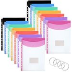 Plastic Wallets A4 Punched Pockets, 14 Pack Expandable Plastic Folders Plastic Document Files with Button,Tab Card, and 4 Binders for School, Office, Home, Travel（7 Colors）