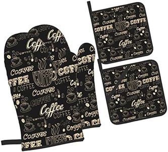 Oven Mitts and Pot Holders Sets of 4 Coffee Theme Black Kitchen Potholder Gloves Heat Resistant Non-Slip for Chef Baking Cooking Grilling BBQ Mittens