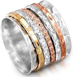 Boho-Magic Spinner Ring for Women 925 Sterling Silver with Copper and Brass Fidget Bands Wide