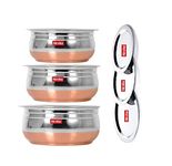 Nirvika Stainless Steel Copper Bottom Handi with Lid Cooking Dinner Bowl Patila Set of 850ML, 1200ML, 1600ML