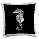 3dRose LLC. Black Seahorse Print, Sea Horse, Ocean Marine Beach Aquarium Aquatic-Pillow Case, (pc_164956_1), Satin, White, 16 x 16 inch