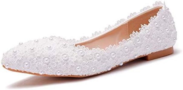 Comfortable Women Flats Handmade White Lace Bridal Ballet Flats Closed Toe Shoes Bride Wedding Shoes, White, 9