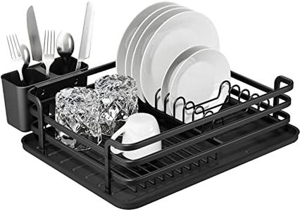 Dish Drying Rack, Rustproof Dish Rack and Drainboard Set with Drainage, Utensil Holder, Cup Holder, Compact Dish Drainer for Kitchen Counter, Black