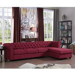 ES ESPINHO ESPN0015 Solid Sal Wood Velvet Upholstered 4 Seater Right Hand Side Facing Button Tufted Chesterfield Modular, Sectional, Corner L Shape Sofa Set for Living Room, Burgundy Color