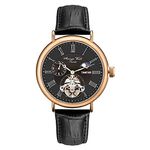 TIME100 Men's Automatic Mechanical Watch Navigator-Series Tourbillon-Style Dual Time Zone Business Calendar Leather Strap(Black)