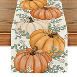 Artoid Mode Orange Pumpkins Eucalyptus Leaves Fall Table Runner, Autumn Thanksgiving Kitchen Dining Table Decoration for Indoor Outdoor Party 13x72 Inch