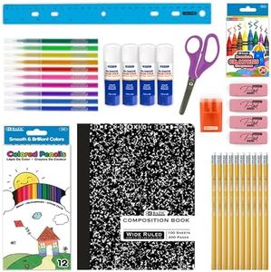 BAZIC Products School Kit Pack 60 Count, School Supply Box for Elementary Student K-6, Ruler Composition Book Pencil Eraser Crayon, 1-Pack