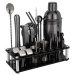 Cocktail Shaker Set, 23 PCS Stainless Steel Bartender Kit with Acrylic Stand & Cocktail Recipes Booklet, Professional Bar Tools for Drink Mixing, Home, Bar, Party (Black, 25oz)