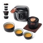 Portable Teapot Set, Portable Kung Fu Tea Set Mini Traveling Chinese Ceramic Teapot with 3 Cups All in One Travel Bag - Ideal for Travel Camping Picnic (Black)