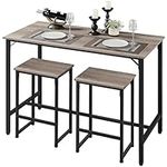 Yaheetech Dining Table Set with 2 chairs, 3 Piece Industrial Bar Table Set, Modern Counter Height Table with Bar Stools Set of 2, Kitchen Breakfast Table Set for Dining Room and Living Room, Gray