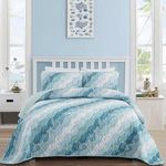 Dinjoy Summer Coastal Quilt Set Queen Size, Blue Green Ocean Beach Themed Bedding Set Seawave Seashell Conch Starfish Microfiber Lightweight Bedspread Coverlet Bed Set All Season (96x90 Inch)