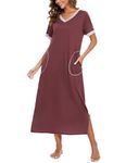 Jezonga Maternity Nightdress for Hospital Long Nightgowns Nightwear Short Sleeve Nightshirts Nighties Soft Sleepwear with Pockets（Style A-Wine Red，XL）