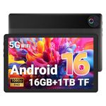 Gleeso Tablet|Android 16 Tablet 10 Inch|16GB RAM 1TB TF Android Tablets with Face Unlock|Widevine L1|BT 5.4/5G WiFi|5MP Dual Camera, OTG Tablet PC - Black