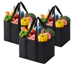 VENO 3 Pack Reusable Shopping Trolley Bags Set, Heavy Duty Collapsible Grocery Box Bag with Reinforced Bottom, Folding Tote Bag Storage Bins (Black - Set of 3)