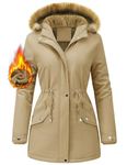 UMIPUBO Women's Coats Winter Parka Coat Warm Waterproof Jacket Fleece Lined Faux Fur Hooded Coat Long Sleeve Overcoats Zip Up Windproof Thick Trench Coats Outerwear (Khaki, S)