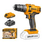 INGCO 20V Cordless Drill, 15+1 0.8-10mm 45NM, 2-speed Gear, 0-400/0-1500/rpm Drill Machine, 1pcs Lithium-ion 1.5Ah Battery,1 Fast Charger, 1pcs Cr-V 65mm bit