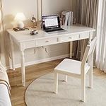 EnixWh 100% Solid Oak Wood Home Office Desks Modern Furniture Simple Writing Table Workstation Home Office Desk Computer Desk with 2 Drawers(40-Inch, White)