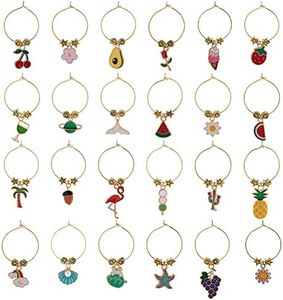 BENECREAT 24 Style Summer Theme Wine Glass Charms, Flower Fruit Goblet Drink Markers Tags with Hoop Rings and Beads for Cocktail Champagne Tasting Party Favors Decoration Supplies Gifts