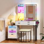 MDGC RGB Makeup Vanity Desk with Mirror and Lights, 7 Dynamic and 7 Static Dimmable Make up Vanity Table with Charging Station,Vanity Set with Stool,3-Tier Shelves,6 Drawers,Glass Top,White