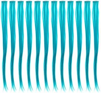 (Teal Blue) - SWACC 12 Pcs Straight One Colour Party Highlights Clip on in Hair Extensions Coloured Hair Streak Synthetic Hairpieces (Teal Blue)