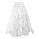 Womens Long Maxi Puffy Tulle Skirt Overlay Layered Tulle Skirt Elastic High Waisted A-Line Midi Skirts Mesh Chiffon Pleated Dress High Waisted for Wedding Party Evening (White, M)