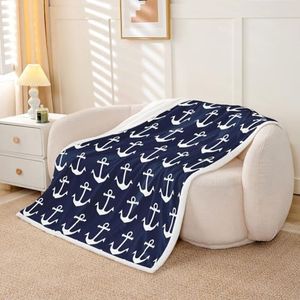 Nautical Fleece Throw Blanket Ocean Anchor Decor Sherpa Blanket Sailor Pirate Captain Plush Blanket Sea Adventure Fuzzy Blanket for Sofa Bed Couch for Kids Boys Queen 90x90 Inch,Navy Blue