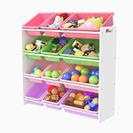 Luebel Children Kids Toy Storage Unit Playroom Toy Organizer Rack 12 Plastic Bins Boxes (White and Multi)