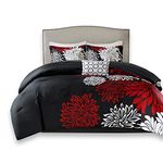 Comfort Spaces Enya Comforter Set-Modern Floral Design All Season Down Alternative Bedding, Matching Shams, Bedskirt, Decorative Pillows, Queen(90"x90"), Red/Black