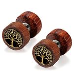 Flongo Earrings Stainless Steel Wood Retro Tree of Life Lion Head Stud Earrings Brown for Men and Women, Wood, without stone