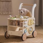 ROBOTIME Wooden Baby Walker, Baby Push Walker, Baby Activity Center Toys - Toddler Walking Activity Center Push Toys with Safety Brake, Baby Walker for Motor Skills (Rattan Doll Walker)