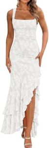BORIFLORS Women's Elegant Ruched Floral Maxi Dress Mesh Mermaid Ruffle Wedding Guest Cocktail Long Formal Dresses, X-Small, White