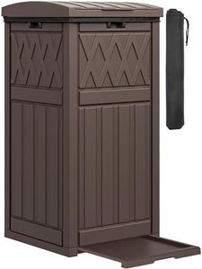 DWVO 36-Gallon Outdoor Trash Can with Fabric Bag, Tiered Lid & Drip Tray, Waterproof Resin Garbage Bin for Patio, Deck, and Backyard, Dark Brown