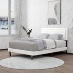 Tuconia Full Size Bed Frame Linen Upholstered Platform with Adjustable Headboard Wood Slats Support No Box Spring Needed Easy Assembly White