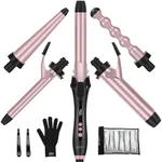 Prizm Pro Clamp Curling Iron Set,5 Interchangeable Barrel Curling Wand,Hair Wand 11 LCD Adjustable Temp,0.6 to 1.25 Inch,Bubble Wand,Tapered Curling Iron Travel Dual Voltage Rose Pink