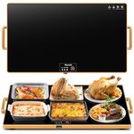 Electric Warming Tray (XXL 32”x18”)，Food Warmers for Parties Buffet with Thermostat & Full Surface Heating, Tempered Glass Warming Mat for Food, Temperature Adjustable Gold Handles Food Warming Mat