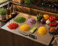 HOMEZE 304 Stainless Steel Chopping Board 51 × 41 cm - Rust Proof, Non‑Slip & Heavy Duty Counter Top Cutting Board with Lip, Smooth Round Edge - for Cutting Vegetables, Fruits, Meat & Kneading Dough