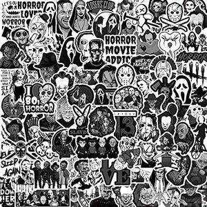 100PCS Horror Theme Stickers, Horror Movie Characters Stickers, Thriller Movie Black & White Graffiti Vinyl Waterproof Stickers for Laptop, Suitcase, Halloween, Wall Decoration