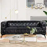 Vaztrlus Black Couches for Living Room Modern Tufted Chesterfield Sofa Deep Seat Comfy Faux Leather Sofa Tight Pleated Rolled Arms 85” 3 Seater Sofas for Bedroom Office