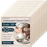 10-Pack Cheesecloth, 20x20 Inch Organic Hemmed Cheese Cloth for Straining, Reusable Unbleached Cotton Strainer for Cooking, Baking, Juicing, and Cheese Making (Grade 100)