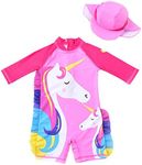 KIMJUN Baby Girl One Piece Swimsuit Sunsuit Long Sleeve Swimwear Rash Guard Toddler Kid Unicorn Bathing Suit Zip with Hat 1-7t, Pink, 5-6 Years