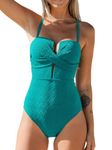 CUPSHE Women's Swimming Costume One Piece Swimsuit Wrapped Back Tie Plunge Cutout Swimwear Molded Cups Turquoise Blue M