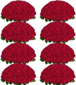 BLEUM CADE 200 Pcs Red Roses Artificial Flowers, Real Touch Velvet Roses Fake Flowers Bulk, Artificial Roses Bouquet with Long Stems Bridal DIY Wedding Party Centerpiece Decorations