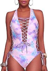 Holipick Women Sexy One Piece Swimsuit One Shoulder Bathing Suit Lace Up Swimwear, Pink and Purple, X-Large