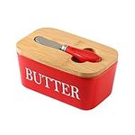 600ML Large Butter Dish with Lid and Knife, Ceramic Butter Dish with Wooden Lid Keeper Butter Storage, Red